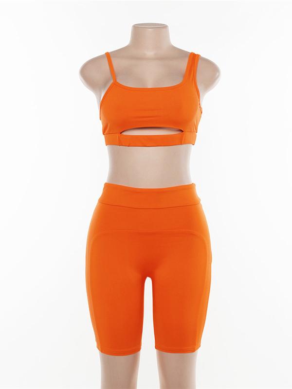 Spaghetti-neck Hollow Tank And Shorts Workout Suits