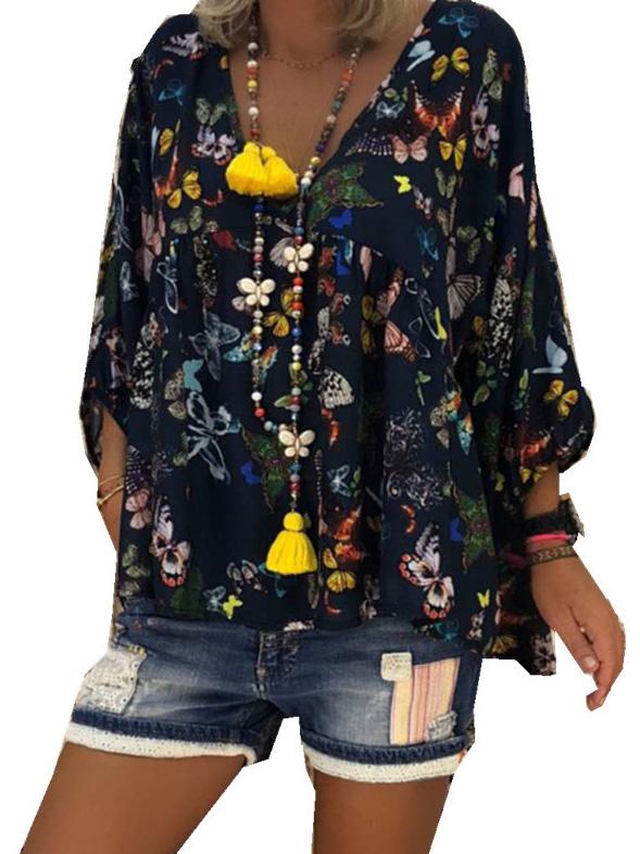 Plus Size Bow-printed V-neck Loose Blouses