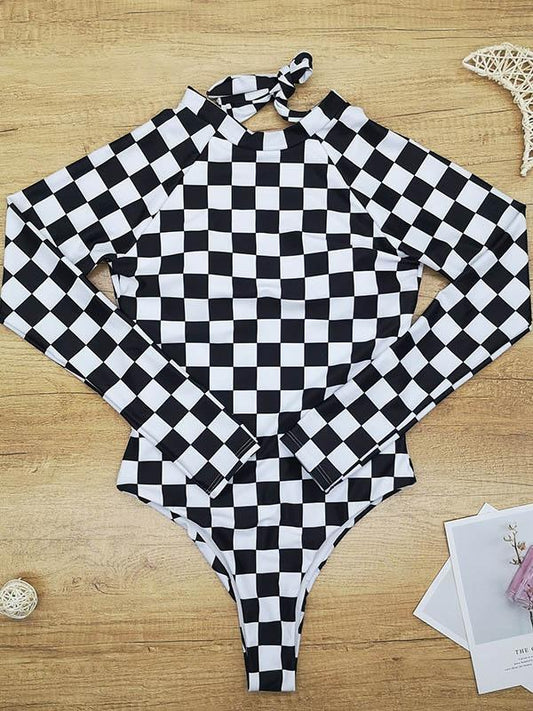 Multi-Color Long-Sleeve Halter One-Piece Swimsuit