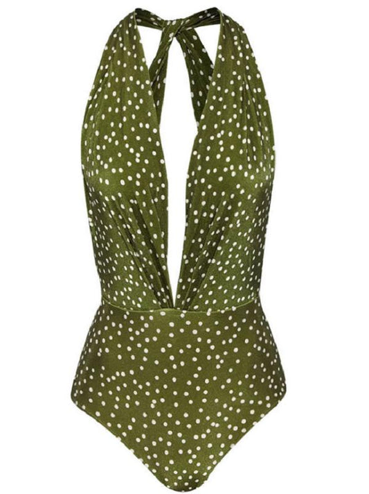 Sexy Deep V- Neck Polka-Dot One-Piece Swimwear