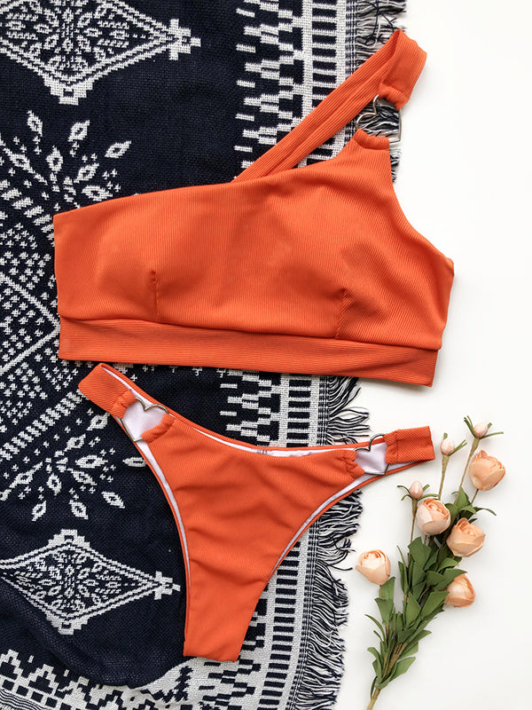 Beach Orange Padded Heart Hollow Bikini Swimsuit