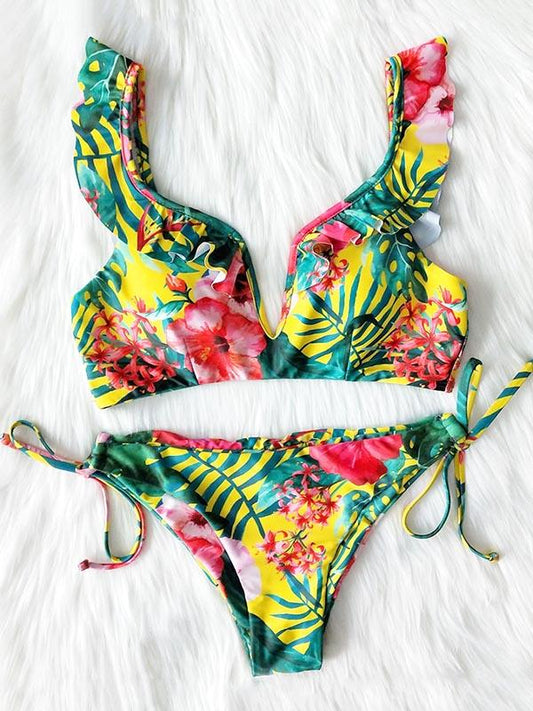 Sexy V-Neck Falbala Printing Split Type Bikini Swimsuit