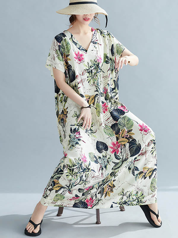 Original Floral Printed Loose Round-Neck Batwing Sleeves Maxi Dress