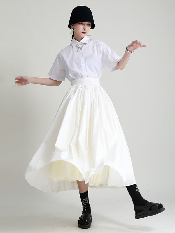 Urban Solid Color Split-Joint Mesh Pleated A-Line Skirt