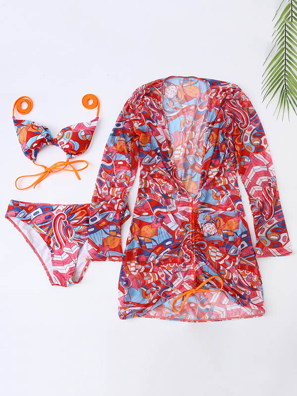 Ripple Printed Triangle Bikini Swimwear+Long Sleeves Drawstring Cover-Ups Three-Pieces Set