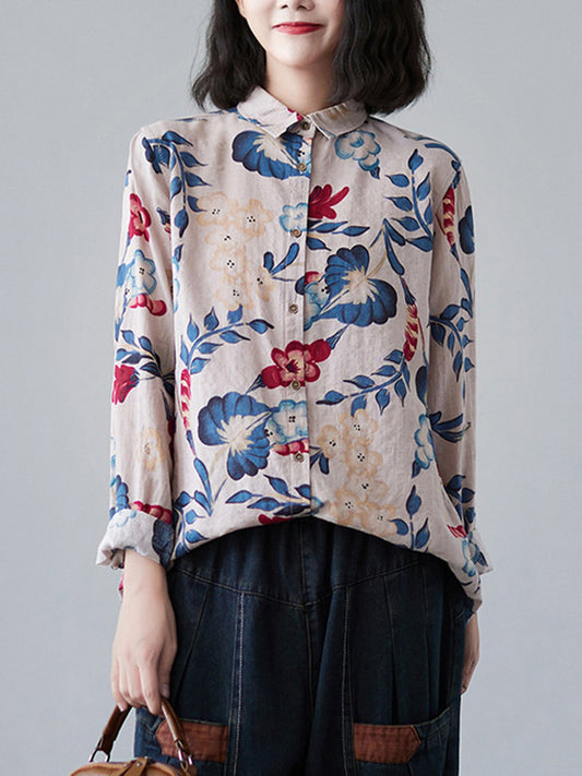 Artistic Retro Floral Printed Buttoned Lapel Collar Long Sleeves Blouse