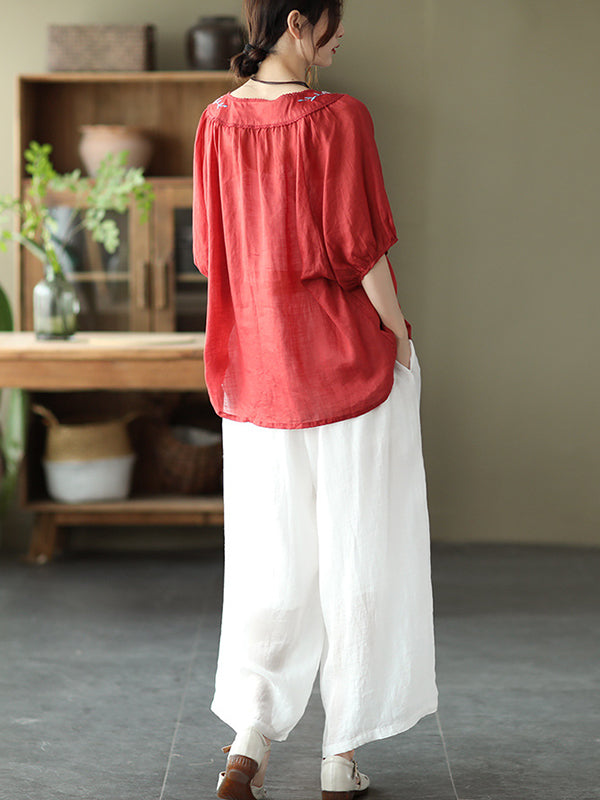 Simple Casual Vintage Ramie Cotton Wide Legs Pants