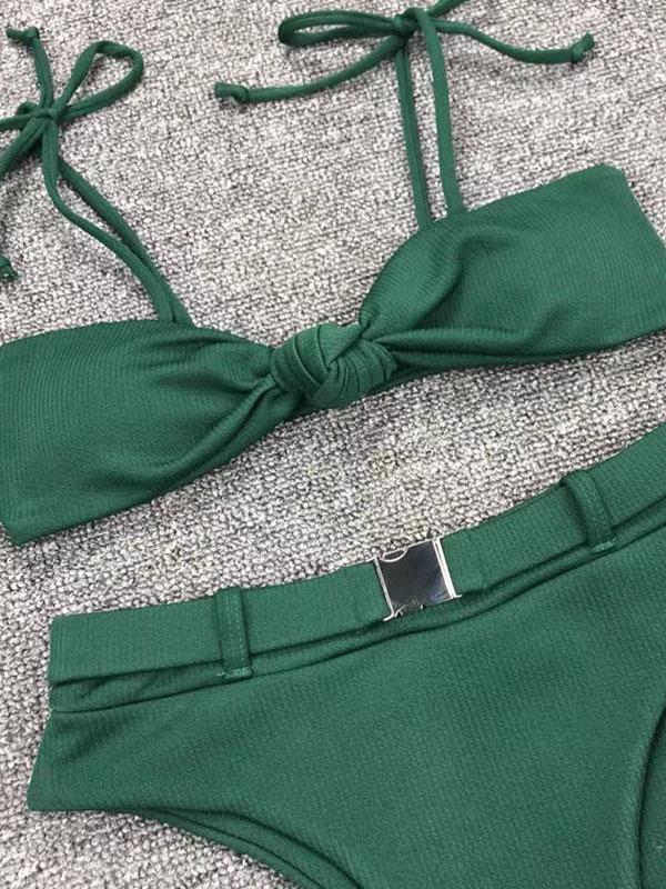 Lace Up Plain High Waisted Bikini Swimsuit