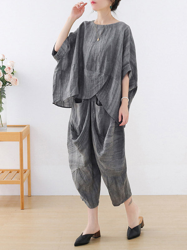 Vintage Linen Loose Split-Joint Round-Neck Batwing Sleeves T-Shirt+Elasticity Wide Leg Pants 2 Pieces Set