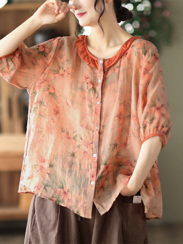 Vintage Artistic Retro Loose Floral Printed Pleated Ramie Cotton Blouse