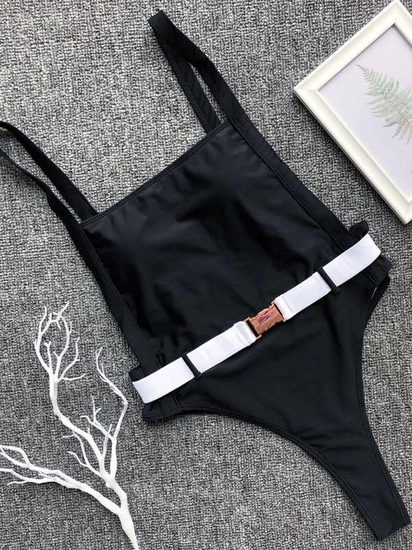 Plain Belted One-piece Swimsuit