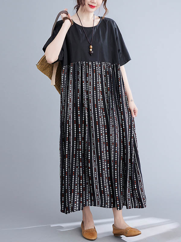 Casual Split-Joint Printed Round-Neck Half Sleeves Loose Midi Dress