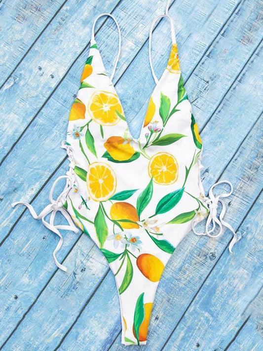 Lemon Print Lace-Up V-Neck One-Piece Swimsuit