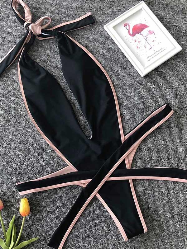 Plain Lace Up Thong One-piece Swimwear