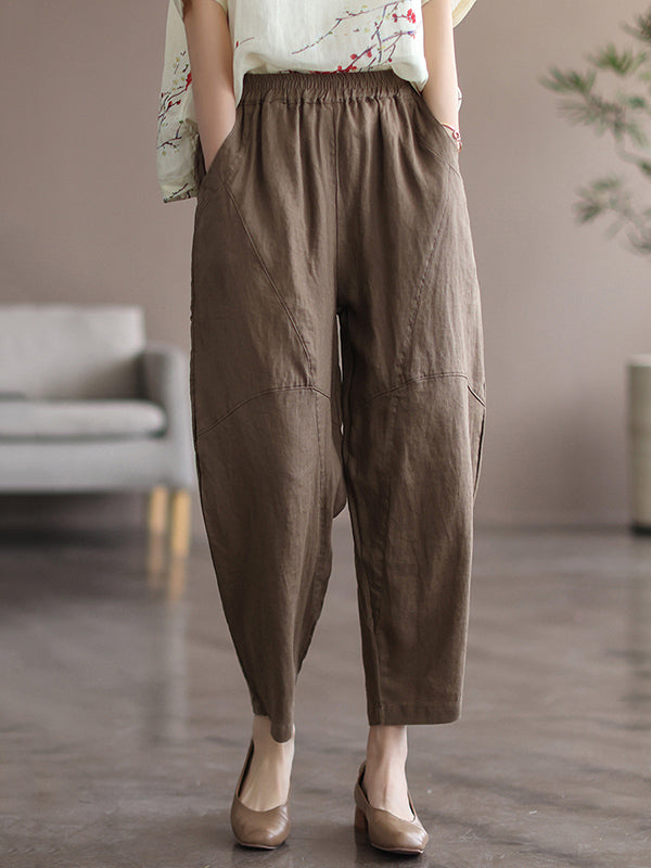 Simple Linen Solid Color Split-Joint Harem Pants