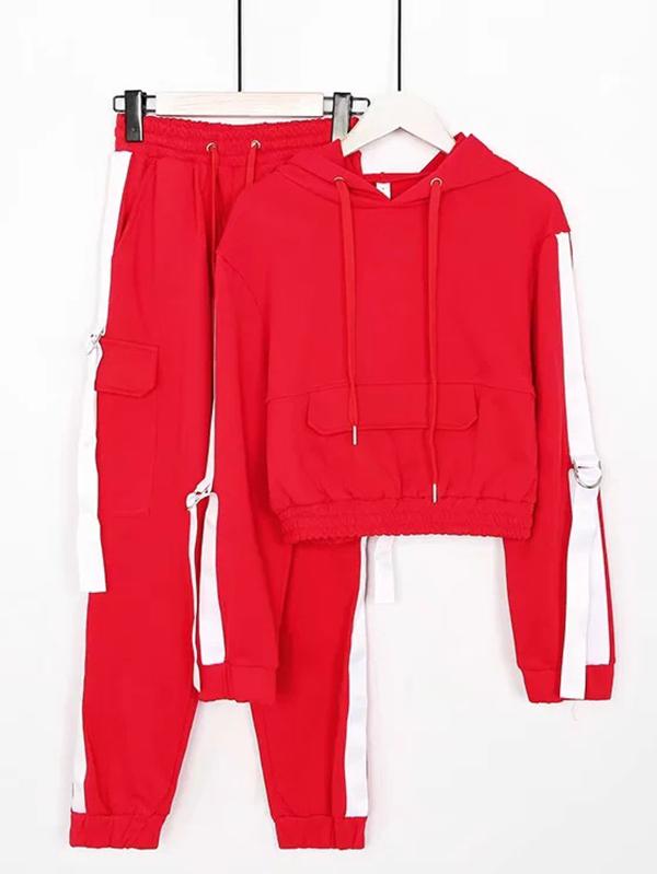 Contrast Trim Hood Sweatshirts And Harem Pants Suits