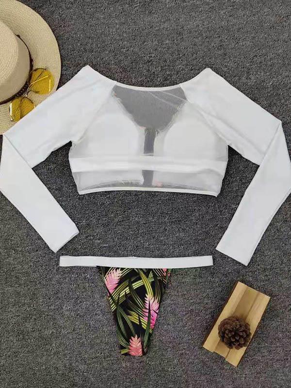 Sexy Round Collar Piece Long Sleeves Split Bikini Swimsuit