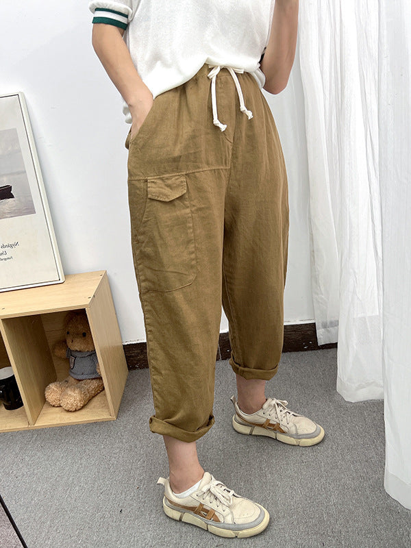 Simple Casual Loose Ramie Cotton Solid Color Drawstring Harem Pants