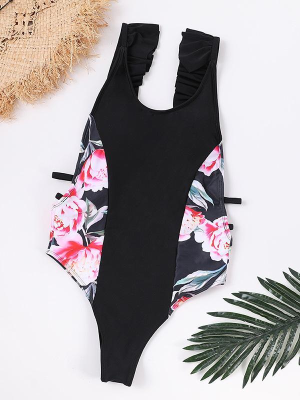 Falbala Straps Printed Side One-piece Swimwear