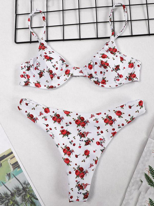 Floral-Print Triangle Split Bikini Swimsuit