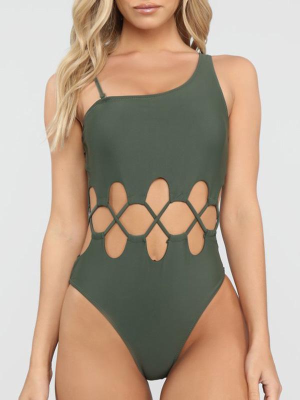 Solid Color Hollow Bandage One-Shoulder One-Piece Swimwear