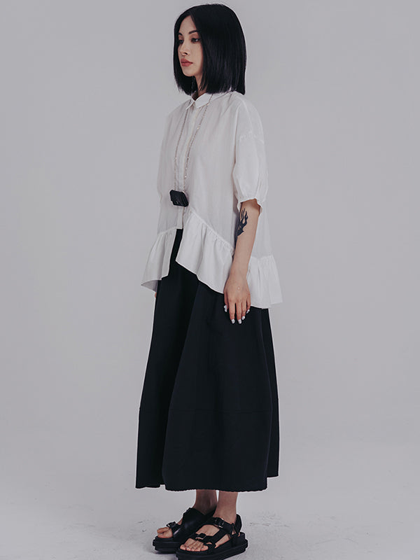 Urban Asymmetric Falbala Black White Solid Color Blouse