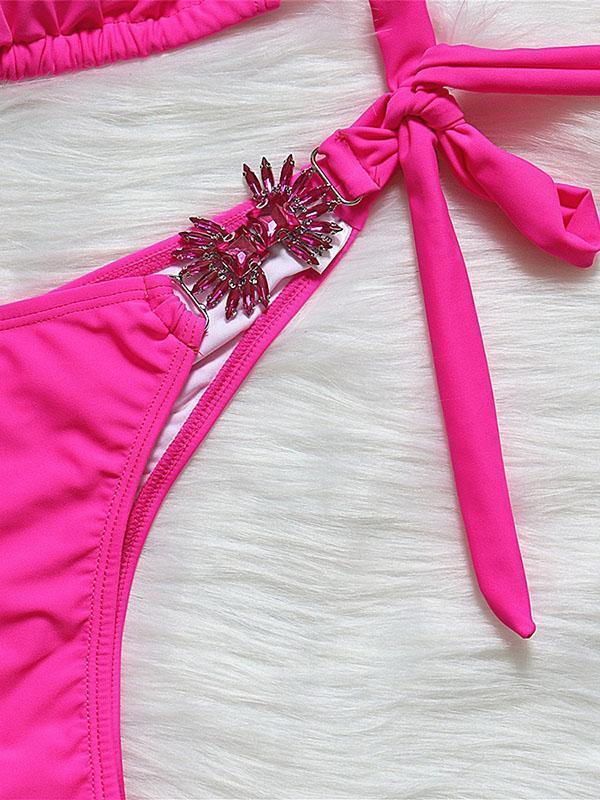 Gorgeous Embellished Solid Color Triangles Knotted Split Bikini Swimsuit