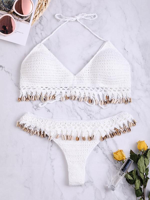 Sexy Spaghetti-Neck Crochet Seashells Bikini Swimsuit