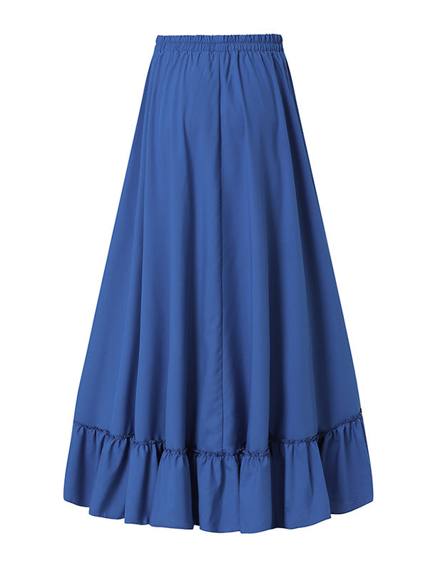 Stylish Solid Color Falbala Pleated Elasticity High-Low Long Skirt