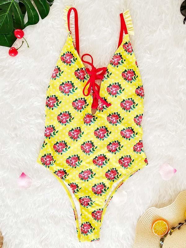 Printed Sexy Lace-Up One-piece Swimwear