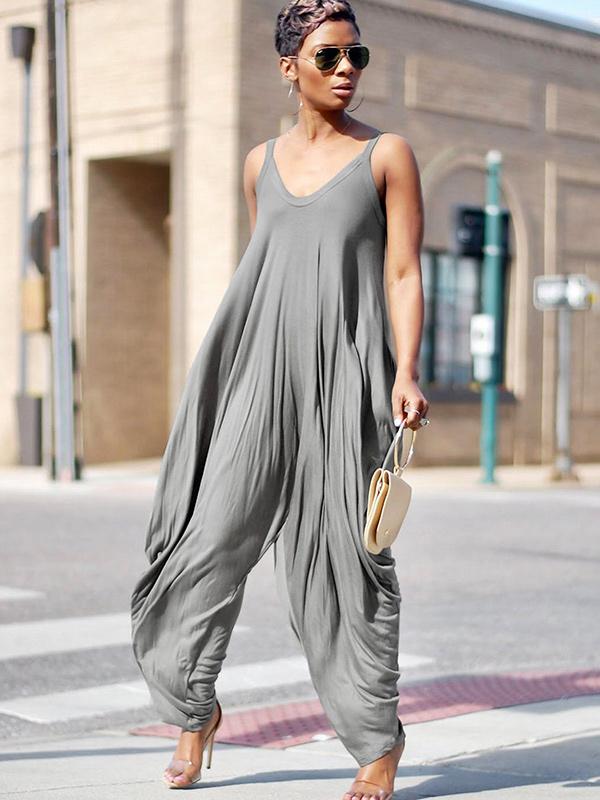 Loose Gray Sleeveless Ruffled Jumpsuits