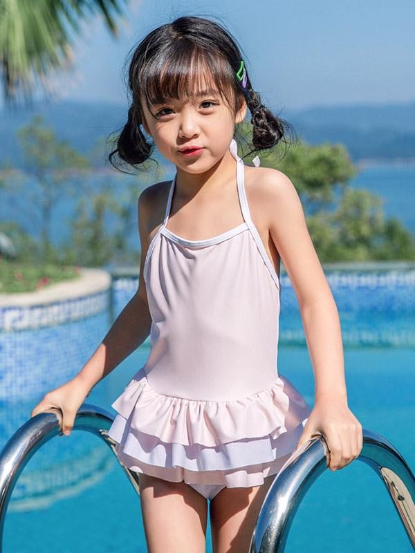 AONIHUA Solid Light Pink Sweet Girl Swimwear