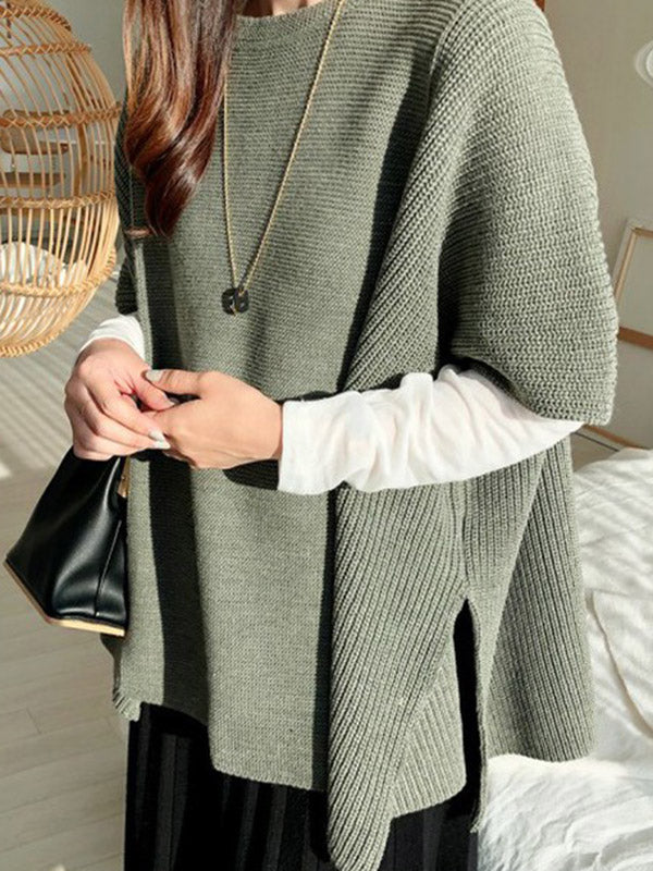 Casual Solid Color Round-Neck Half Sleeves Knitted Sweater Cape Top