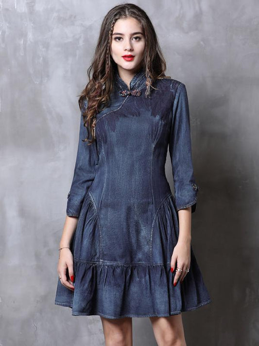 Vintage Falbala Short Cheongsams Denim Dress