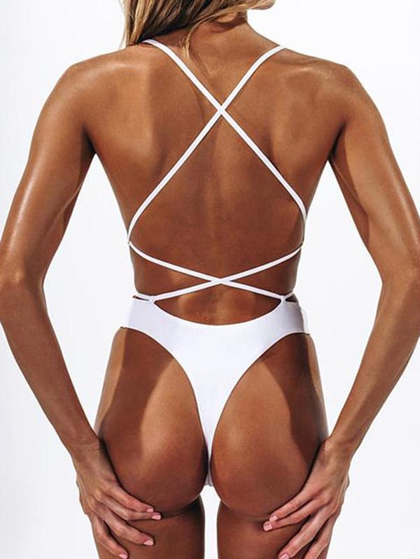 Spaghetti Strap Plain One Piece Swimsuit