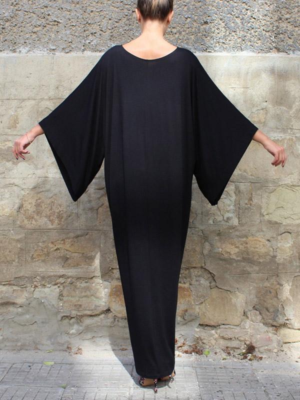 Black Simple Flared Sleeves Round-neck Long Dress