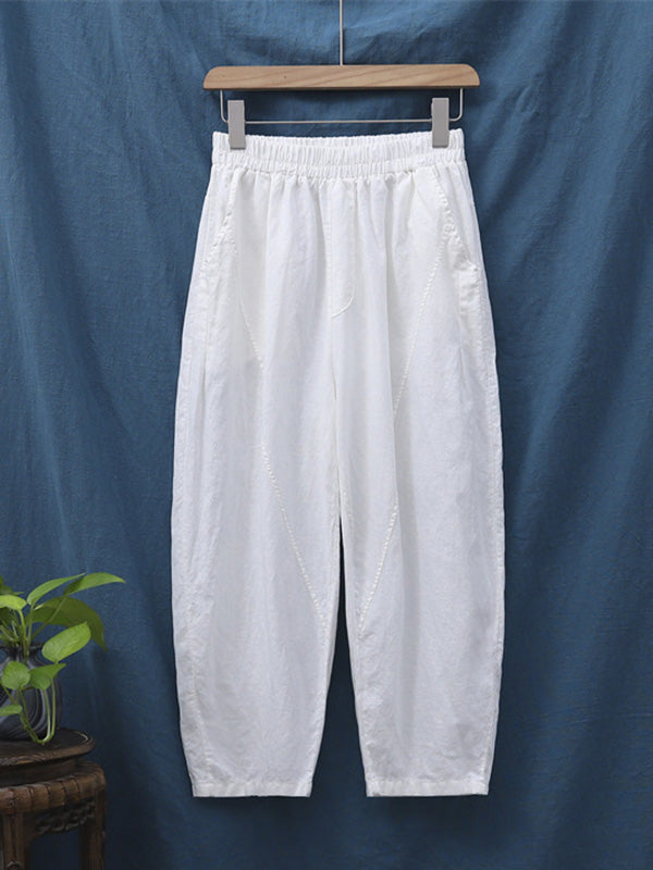 Simple Loose Linen Solid Color Split-Joint Pleated Drawstring Casual Pants