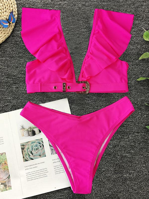 Sexy Flounces V-Neck Metal Buckle Split Bikini Swimsuit