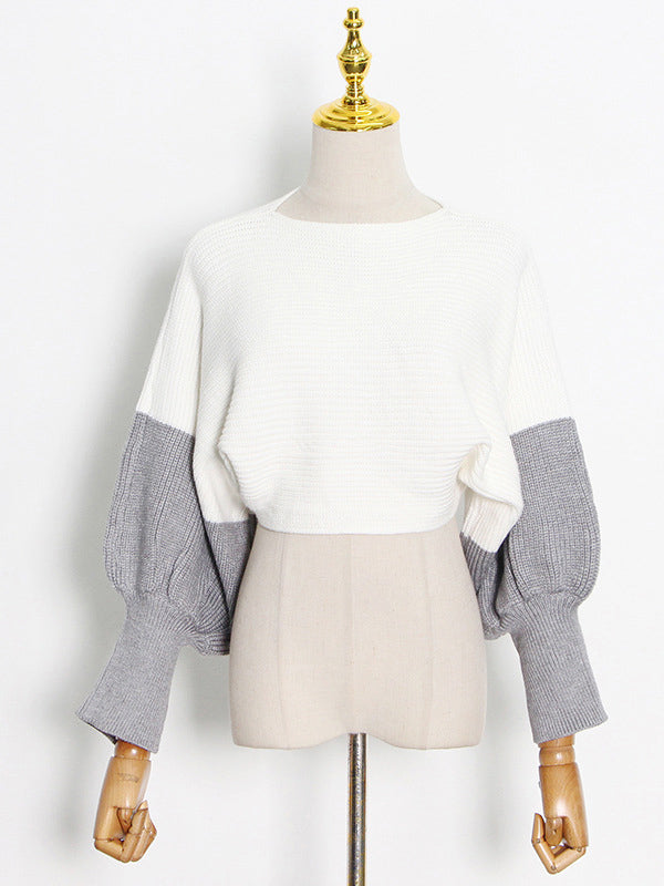 Casual Solid Color Round-Neck Bishop Sleeve Sweater Tops