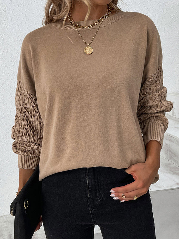 Knitted Twist Long Sleeves Solid Color Round-Neck Sweater Tops