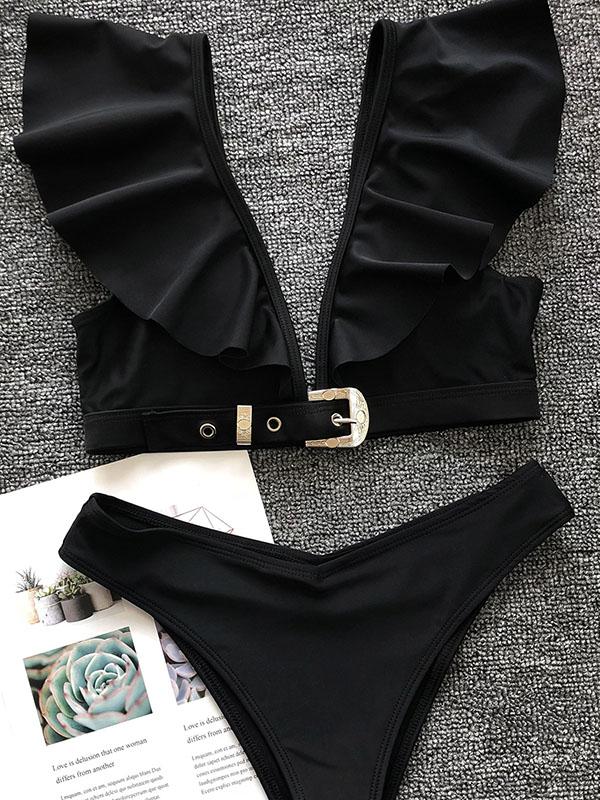 Sexy Flounces V-Neck Metal Buckle Split Bikini Swimsuit