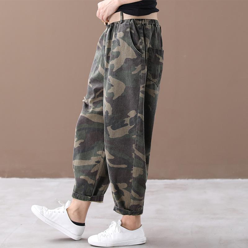 Buykud Camouflage Pattern Hole Casual Loose Pants