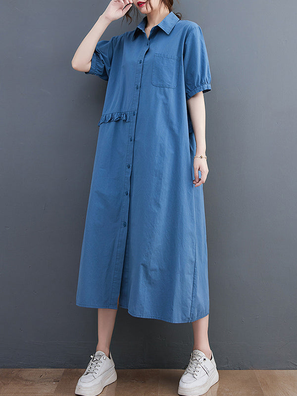 Original Artistic Retro Loose Solid Color Falbala Split-Joint Midi Shirt Dress