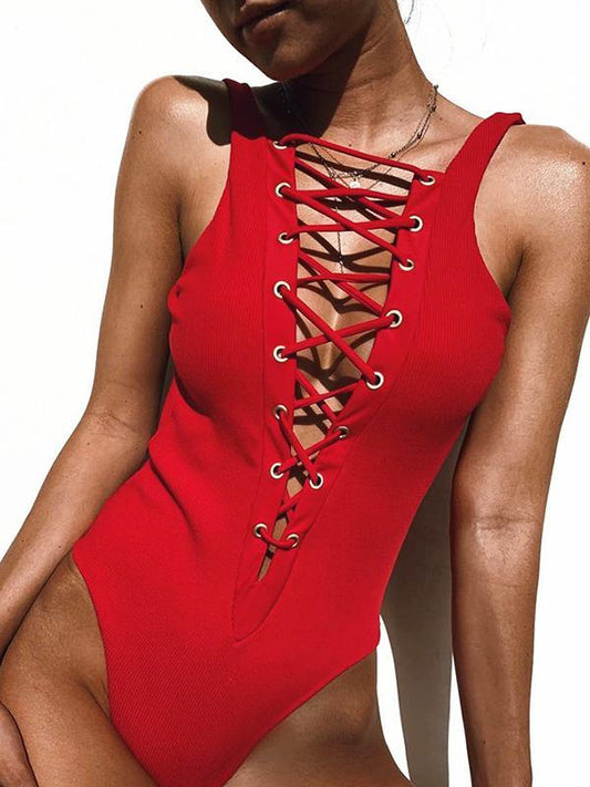 Lace-up Deep-v One-piece Swimwear