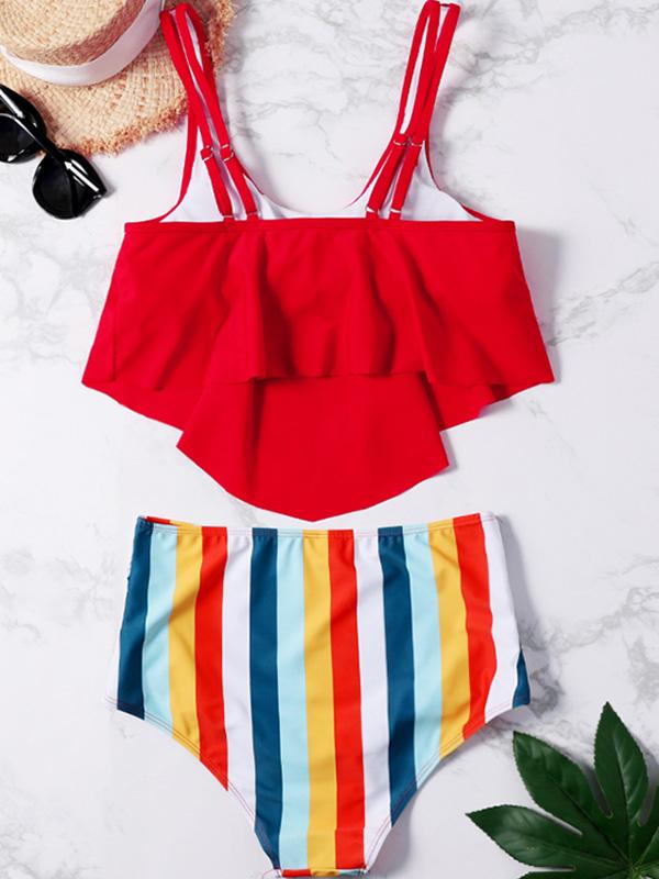 Plain Ruffle Top With Stripe Panty Bikini Set