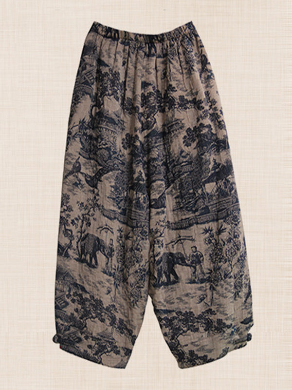 Vintage Elasticity Waist Ink Painting Printed Ninth Pants