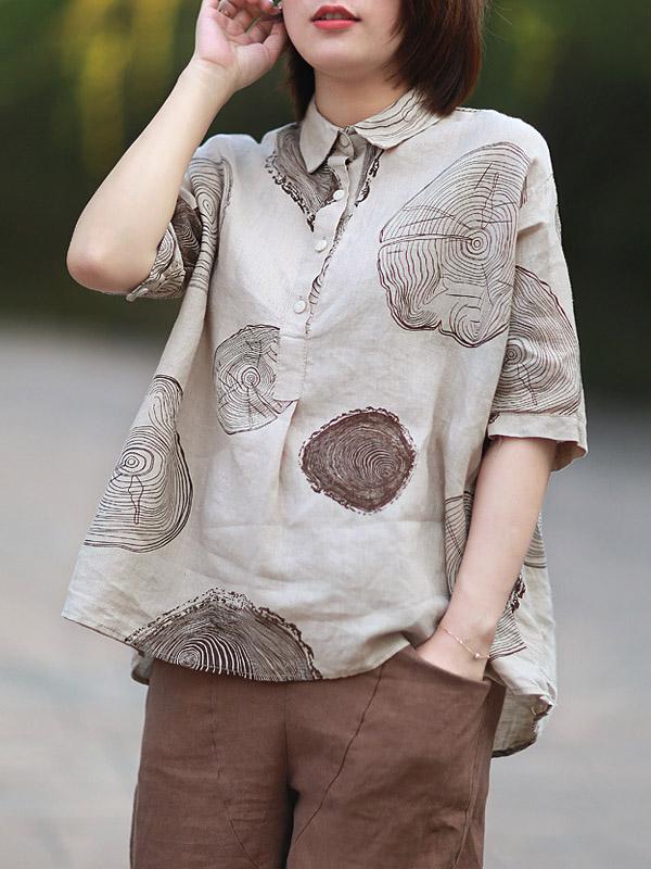 Ramie Cotton Loose Annual Ring Pattern Shirt Tops