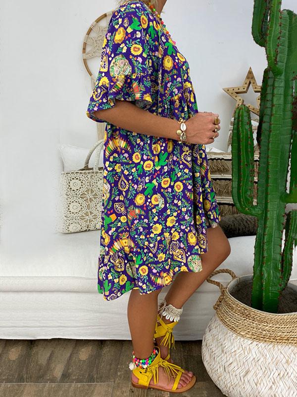 Plus Size Loose Printed Round Neck Midi Dress