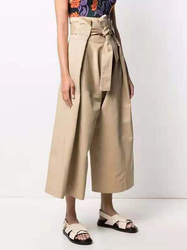 Casual Solid Color Pleated Tied Wide Legs Loose Pants