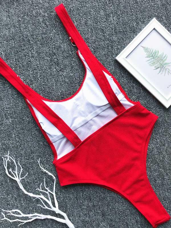 Ribbed Plain Wide Strap One-Piece Swimsuit